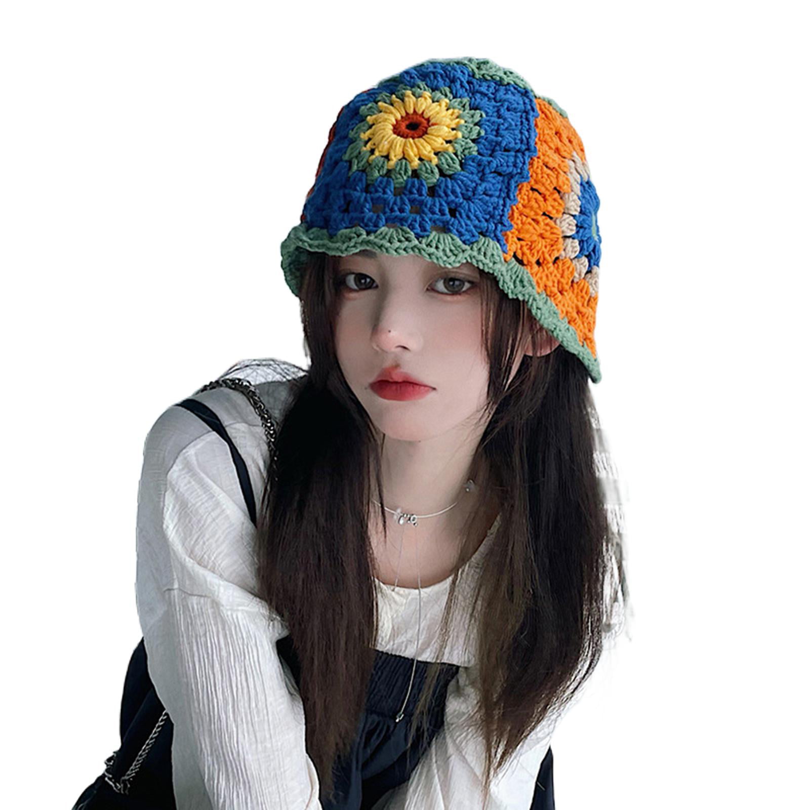 Blotona Women Crochet Bucket Hat Floral Knitted Beanie Hats Hollow Out Sunflower Embroidery Korean Cap Summer Beach Travel Fisherman Hat with Brim for