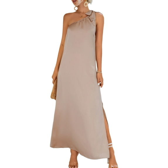 Blotona Women Elegant Long Dress Sleeveless One-shoulder Lacing Solid Loose Slit Summer Dress for Party