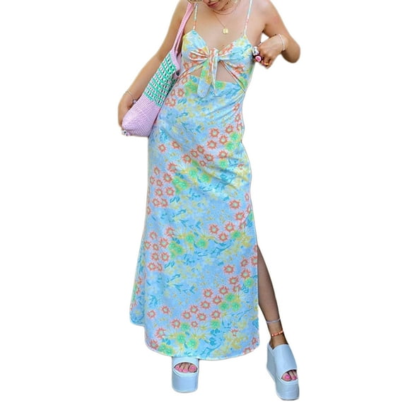 Blotona Women Fashion Sleeveless Maxi Dress Print Spaghetti Strap Slim Fit Multicolor Long Dress
