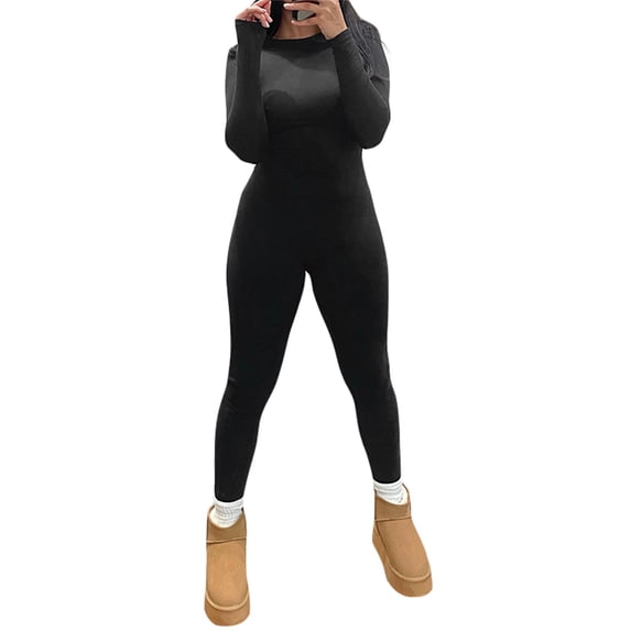 Blotona Women Fashion Wild Jumpsuits Solid Color Crew Neck Long Sleeve Backless Long Rompers Spring Autumn Skinny Playsuits