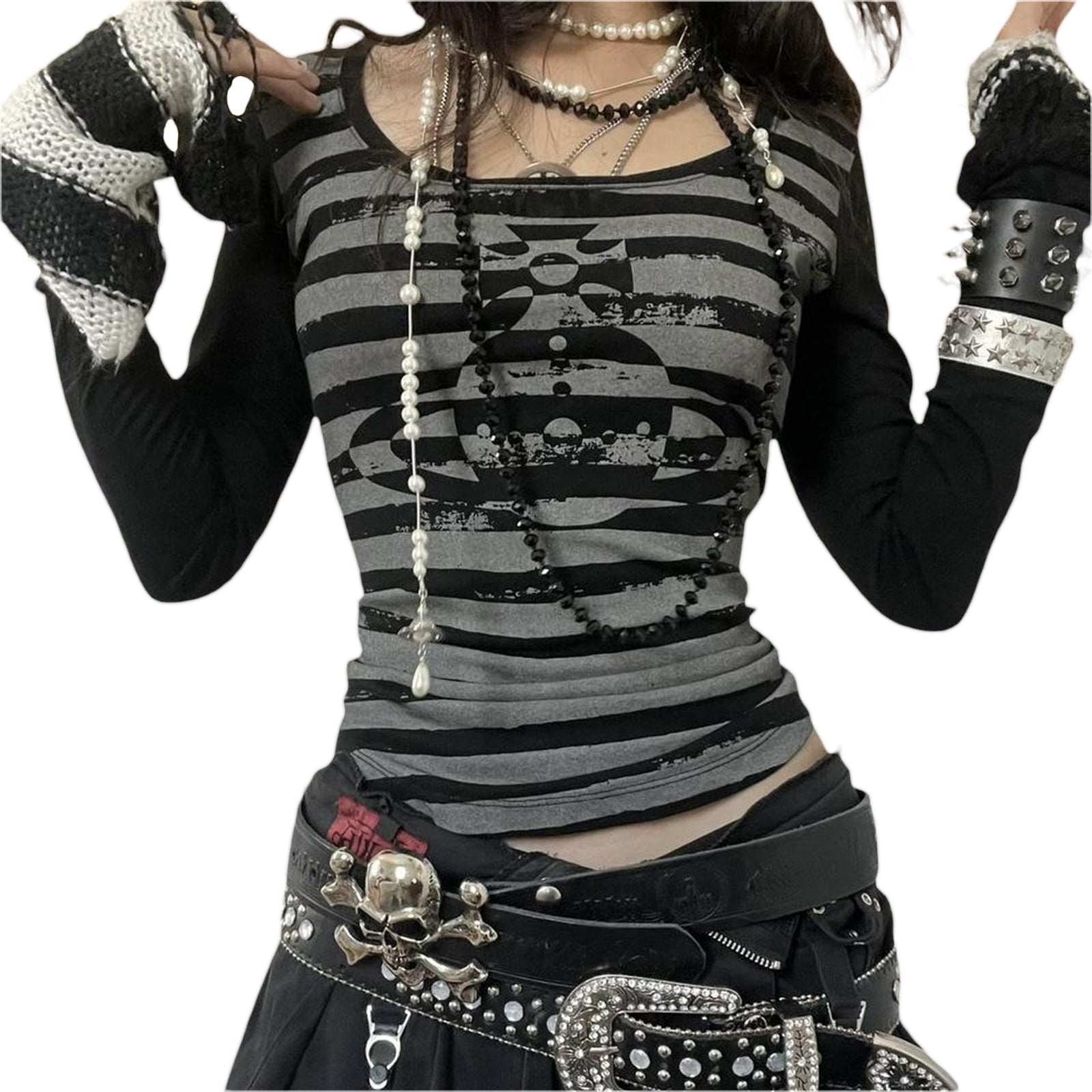 トップス 00s bpn long sleeve gothic archive Blotona Women Gothic Grunge Tops Aesthetic Striped Long Sleeve T