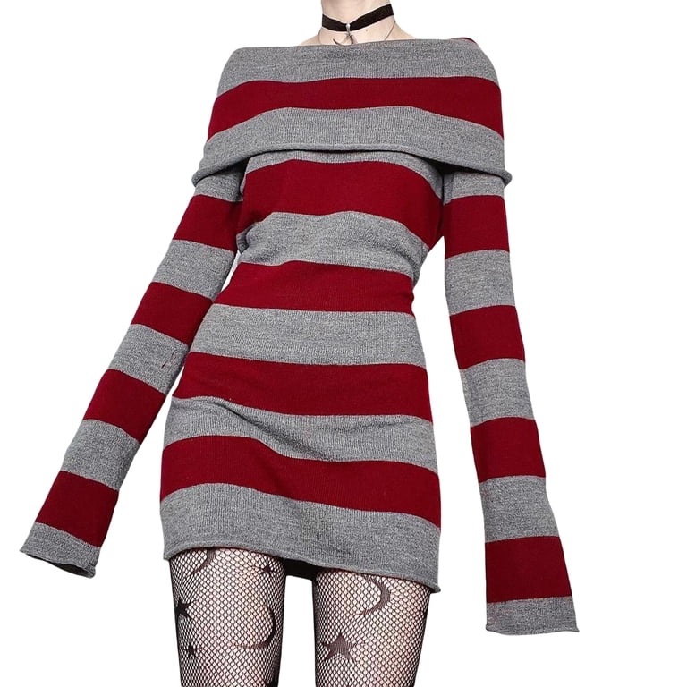 Blotona Women Gothic Stripes Knitted Dress Punk Witch Off Shoulder Striped Knit  Dress Fairy Grunge Dress Halloween Dark Academia Clothes - Walmart.com