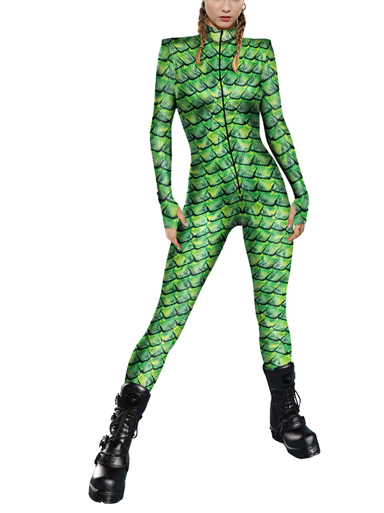 Blotona Women Halloween Jumpsuit 3D Digital Print Long Sleeve ZipUp