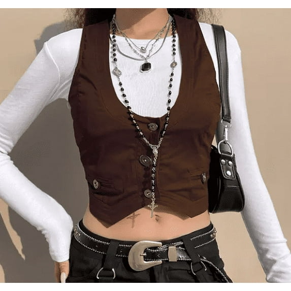 Blotona Women Irregular Short Vest Button-down Solid Color U-shaped Neck Cardigan