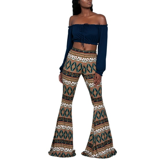 Blotona Women Juniors Boho Vintage Stretchy Bell Bottom High Waist Flare Pants Hippie Baggy Wide Leg Palazzo Trousers