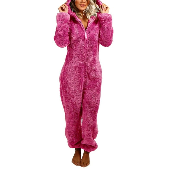 Blotona Women Juniors Fleece Plush Warm Hooded Pajamas Jumpsuit Thick Plush Sleeping Romper with Bear Ear Hat Autumn Winter Long Sleeve Solid Color Loose Casual Sleepwear Homewear