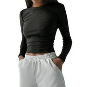 Blotona Women Juniors Long Sleeve Tops Round Neck Basic Slim Fit T-Shirt Solid Color Casual Base Tees Simple Style Pullover Tops for Teen Girls