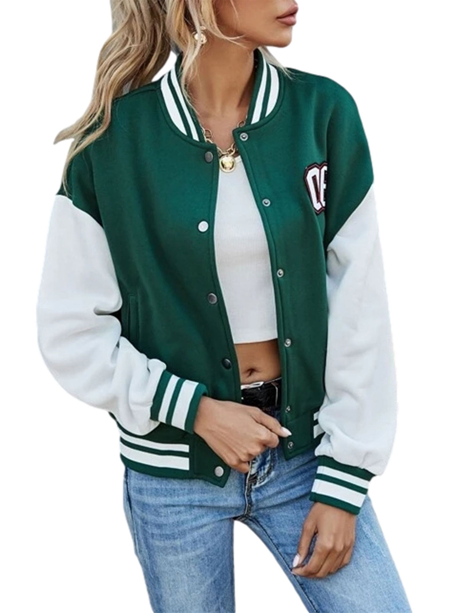 Blotona Women Juniors Oversized Baseball Jacket Long Sleeve Blotona Women Juniors Oversized Baseball Jacket Long Sleeve