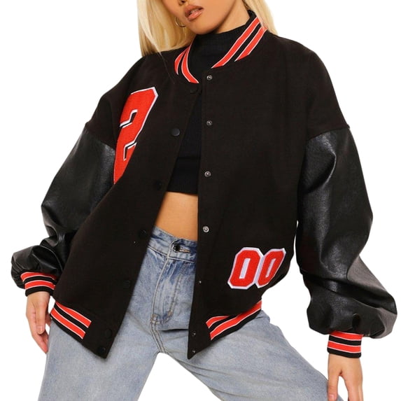 Blotona Women Juniors Oversized Varsity Jacket Boyfriend Style Long Sleeves Baseball Jackets Patchwork Stand Collar Sport Outwear Tops for Teen Girls