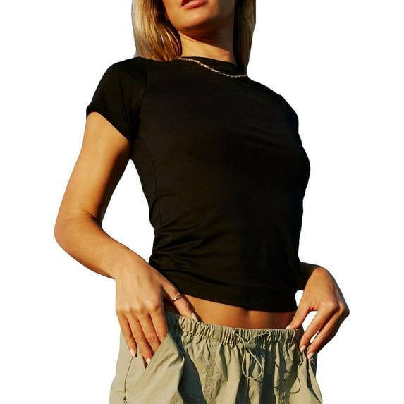 Blotona Women Juniors Short Sleeve Crop Tops Summer Casual Slim Fit Solid Color Basic T-shirts Party Streetwear