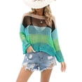 thumbnail image 1 of Blotona Women Knit T-shirt, Long Sleeve Crew Neck Hollowed Contrast Color Summer Cover-up Pullover, 1 of 9