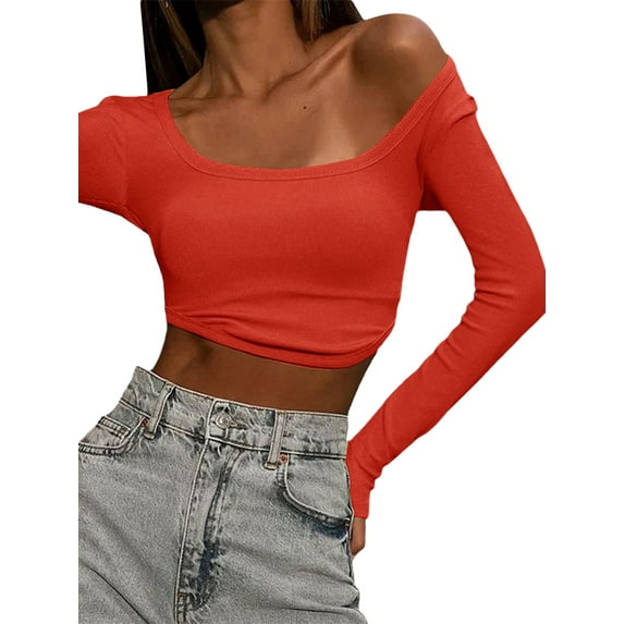 Blotona Women Long Sleeve Square Neck Crop Top Low Cut Slim Fitted Bodycon Tshirt Sexy Ribbed Knit Tee Blouse Streetwear