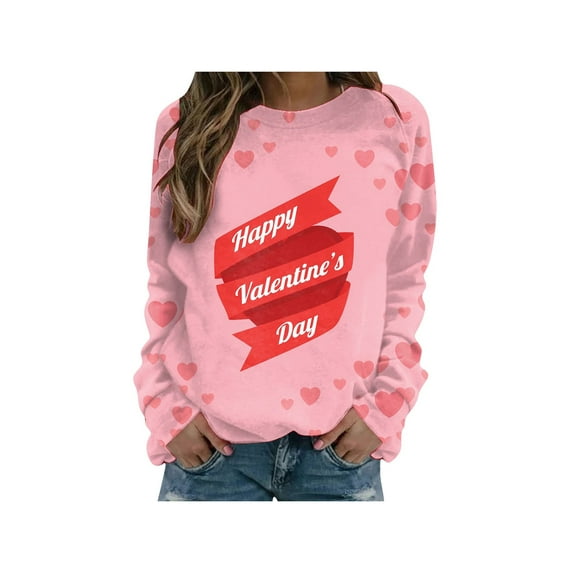 Blotona Women Love Letter Print Valentine's Day Sweatshirt Long Sleeve Cute Pullover Tops