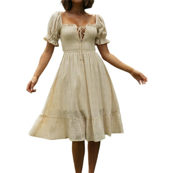 Blotona Women Midi Dress Short Sleeve Square Neck Backless Lacing Pleated Summer Dress for Holiday Party
