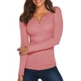 thumbnail image 1 of Blotona Women Ribbed Henley Neck Base T-Shirt Solid Color Long Sleeve Buttons V-Neck Slim Fit Spring Autumn Casual Wild Ribbed Pullover Tops, 1 of 4