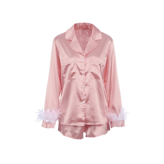 Blotona Women Satin Feather Sleeve Pajamas Set Button Down Long Sleeve Sleepwear Silk Shorts 2Pcs Nightwear Loungewear Pjs