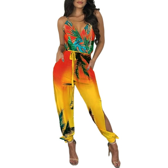 Blotona Women Sexy Jumpsuit with Slit Design Printed Pattern Deep V-neck Sleeveless Overalls with Waistband