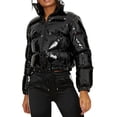 thumbnail image 1 of Blotona Women Shiny Short Puffer Jackets Bandana Cropped Long Sleeve Zip Up Puffer Cropped Down Jackets Fashion Bubble Quilted Lightweight Coats, 1 of 7