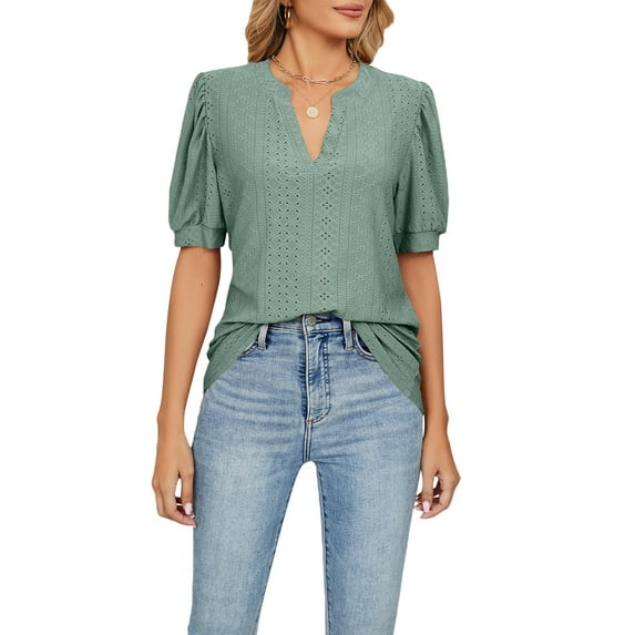 Blotona Women Short Sleeve T-shirts Summer Casual Loose Solid Color Cutout V-neck Tops Blouse Streetwear