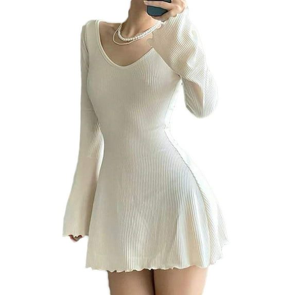 Blotona Women Slim Rib Knit A-Line Dresses Solid Color Ribbed Long Sleeve V-Neck Irregular Hem Fit Autumn Mini Dress