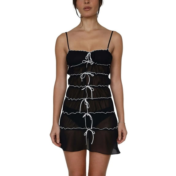 Blotona Women Sling Dress Spaghetti Straps Lacing Pleated See-through Summer Mini Dress for Club Party