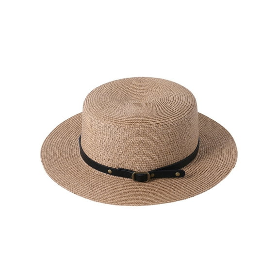 Blotona Women Straw Hat Adjustable Flat Top Beach Sun Hats Wide Brim Straw Panama Bucket Fedora Fisherman Hats with Stud Strap