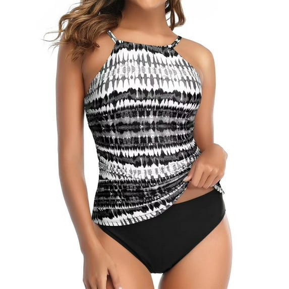 Blotona Women Swimsuit Two-Piece Set Padded Drawstring Side Swimwear Beachwear Bathing Suits Halter Neck Leopard Print Tankini Sets