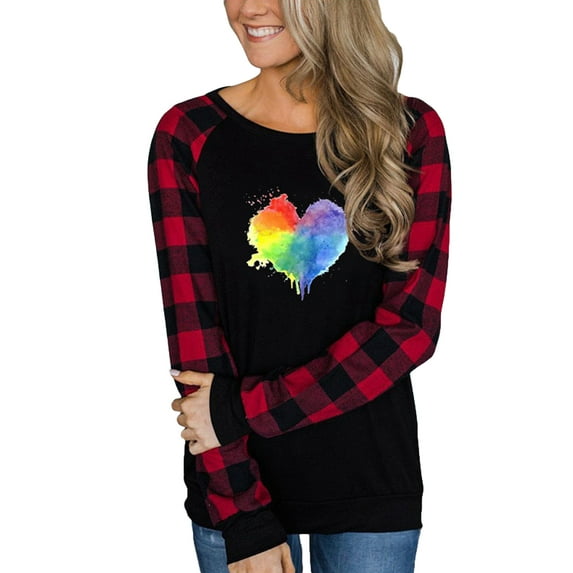 Blotona Women Valentine's Long Sleeve T-shirt Round Neck Plaid Long Sleeves Love Heart Pattern Letter Pullover Shirt Tops