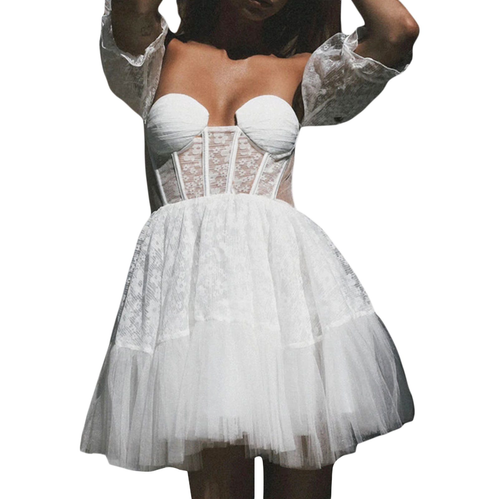 white see through club dress Blotona Women White Off Shoulder Floral Dress Short Sleeve See Through Mesh  V Neck Solid Color Club Princess Dress Party Evening Bridesmaid Gown Dress