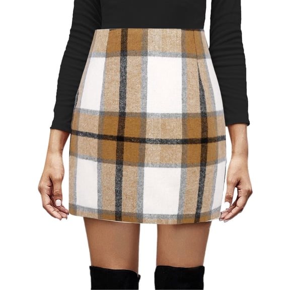 Blotona Women Wool Plaid Mini Skirt High Waist Winter Faux Wool Pencil Skirt Elegant Casua Vintage Mini Pencil Skirts Preppy Clothes for Teen Girls