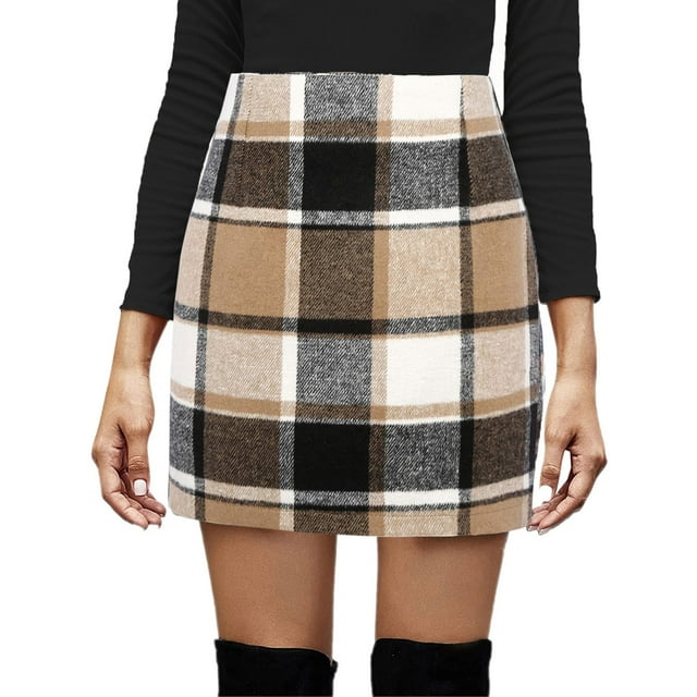 Blotona Women Wool Plaid Mini Skirt High Waist Winter Faux Wool Pencil ...