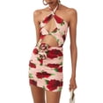 thumbnail image 1 of Blotona Women's Bodycon Mini Dress Rose Print Sleeveless Hollow Out Halter Ruched Cocktail Dress, 1 of 8
