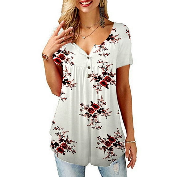 Blotona Women's Casual Baggy Tops Blouse Summer Tunic Tops Short Sleeve Button Up V Neck T Shirts Tee Short Sleeve Henley Shirt