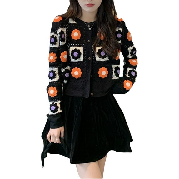 Blotona Women's Juniors Crochet Sweater Cardigan Long Sleeve Vintage Flower Embroidery Button Down Knitwear Casual Crop Bolero for Teen Girls