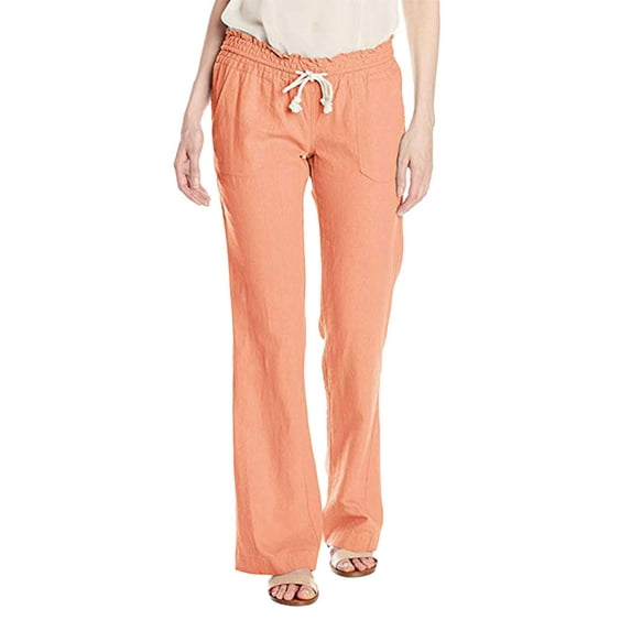 Blotona Women's Juniors Wide Leg Linen Pants High Waisted Drawstring Elastic Loose Trousers Lounge Flowy Crop Pant with Pockets