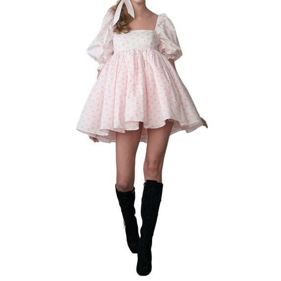 Blotona Women's Puff Sleeve Tutu Dress Princess Puffy Dress Aesthetics Fairy Bubble Sleeve Ruffle Dress for Party Prom