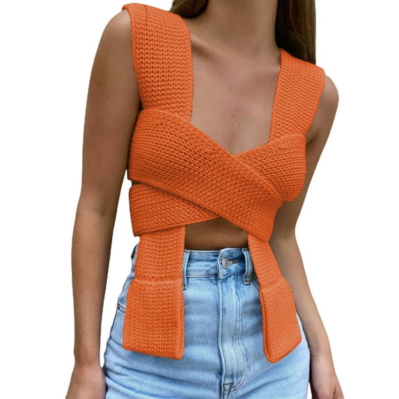 Blotona Women's Sexy Lace-up Knitwear Sweater Casual Irregular Solid Color Blouse DIY Sleeveless Tops for Four Seasons