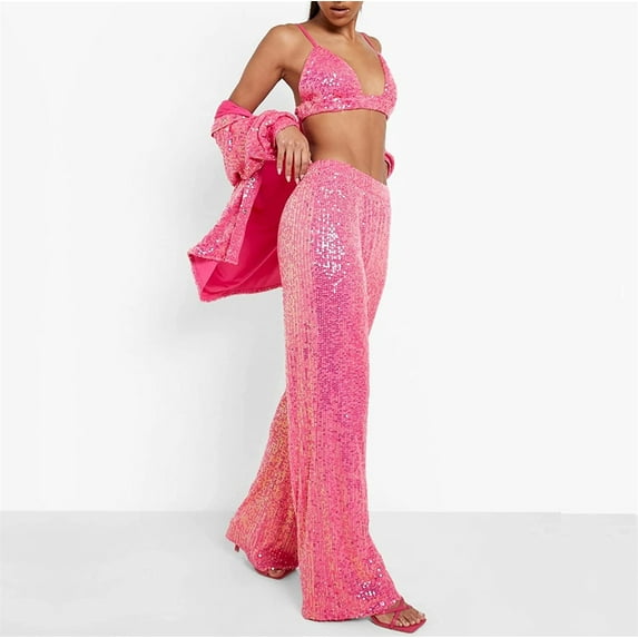 Blotona Women's Sparkly Sequin Suit Long Sleeve Sequin Tops + Sparkly Sequin Bra Tops + High Waist Sequin Pants Suit Party Clubwear