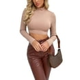 thumbnail image 1 of Blotona Women's Spring Autumn Slim Crop Tops Solid Color Long Sleeve High Neck Tie Up T-shirt, 1 of 7