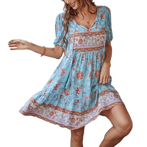 Blotona Women 's Summer Bohemia Short Sleeve Dress Fashion Flower Print Tie-up V-Neck High Waist A-line Dress Casual Retro Dress
