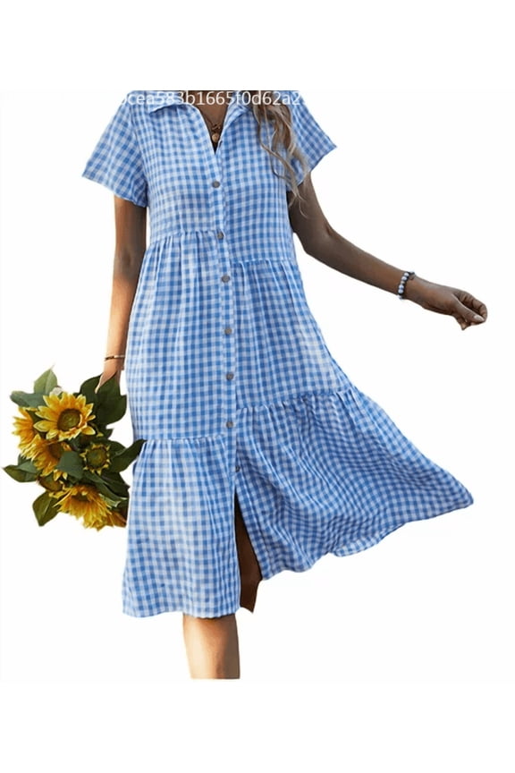 Women's Summer Gingham Button Down Tunic Dresses Casual V Neck Short Sleeve Dress Loose Flowy Shirt Dress Midi A-line Dress