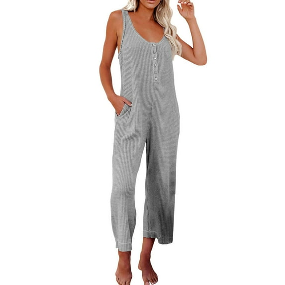 Blotona Women’s Summer Jumpsuit Sleeveless Solid Color Side Pocket Button Down Romper Pants