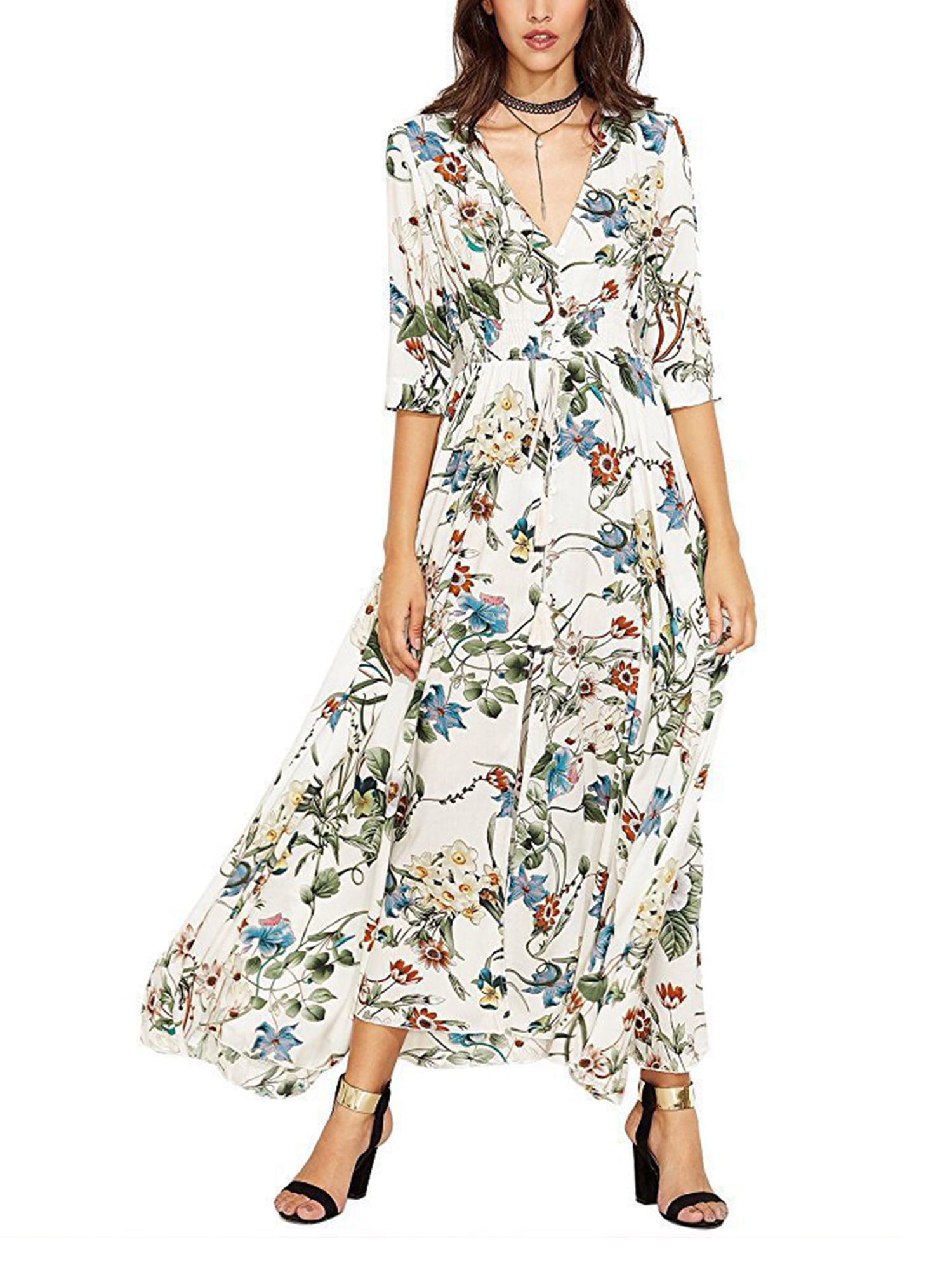 Blotona Women's Summer Plus Size Bohemian Maxi Dress Floral Print Wrap