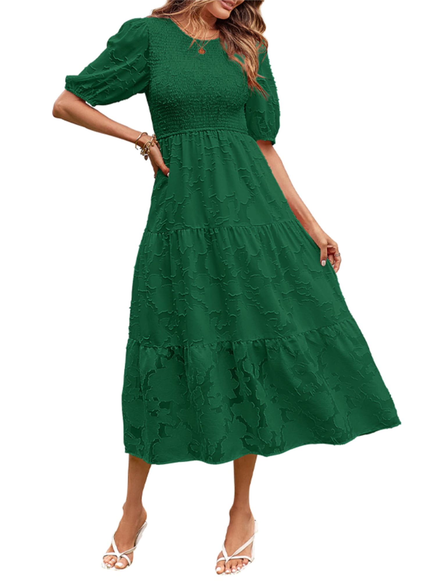 Blotona Women's Summer Puff Sleeve Smocked Floral Dress Crewneck Lace