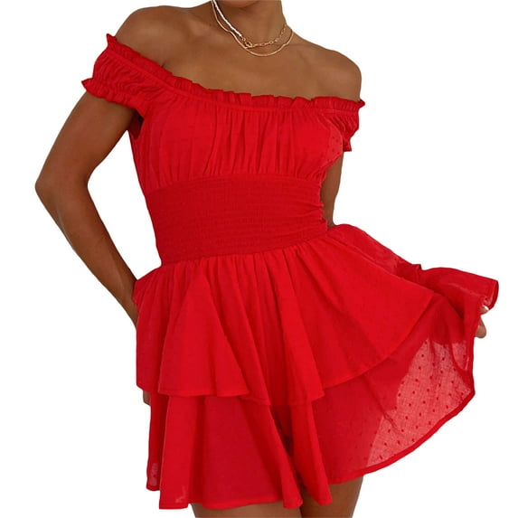 Blotona Women's Summer Short A-line Dress Short Sleeve Off Shoulder Swiss Dot Layered Ruffle Dress
