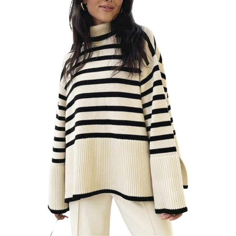 Blotona Women s Turtleneck Sweater Long Sleeves Striped Color Block Sweater Oversized Turtleneck Pullover Preppy Aesthetic Sweater Tops