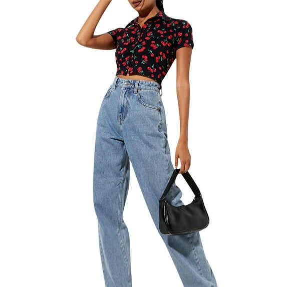 Blotona Women's Vintage Short Sleeve Button Down Cardigan Blouse Lapel Neck Rib Knitted Open Front Crop Tops T-Shirt
