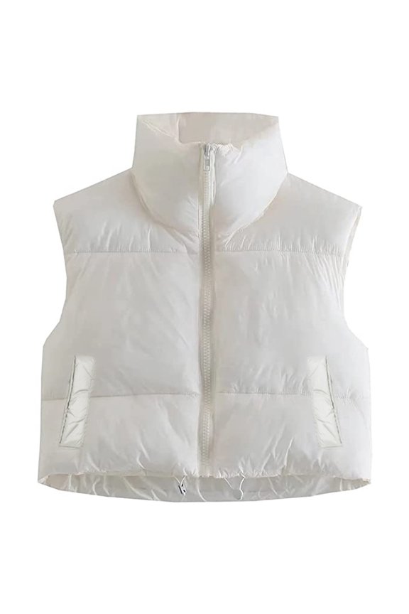 Women's Warm Crop Vest Zipper Up Sleeveless Waistcoat High Neck Puffer Cropped Jacket Vest Coat Outdoorwear for Winter