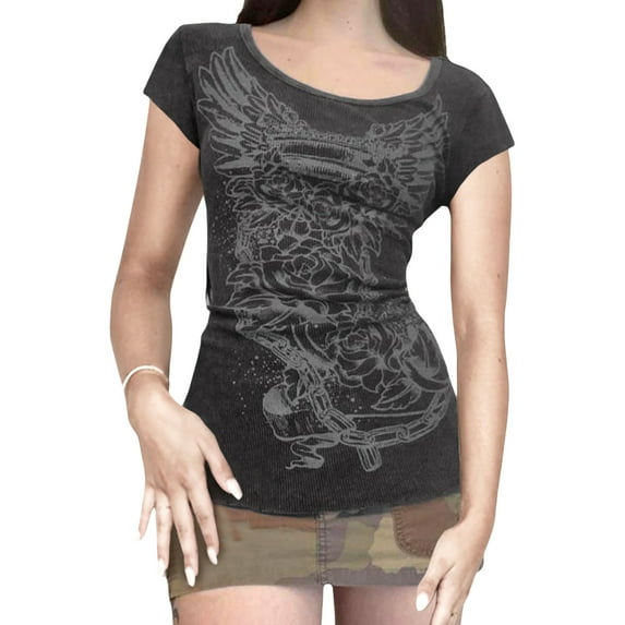 Blotona Womens Juniors Graphic Print Crop Tops Cute Gothic Crew Neck Short Sleeve T-Shirts E-Girls Teen Aesthetic Fairy Streetwear