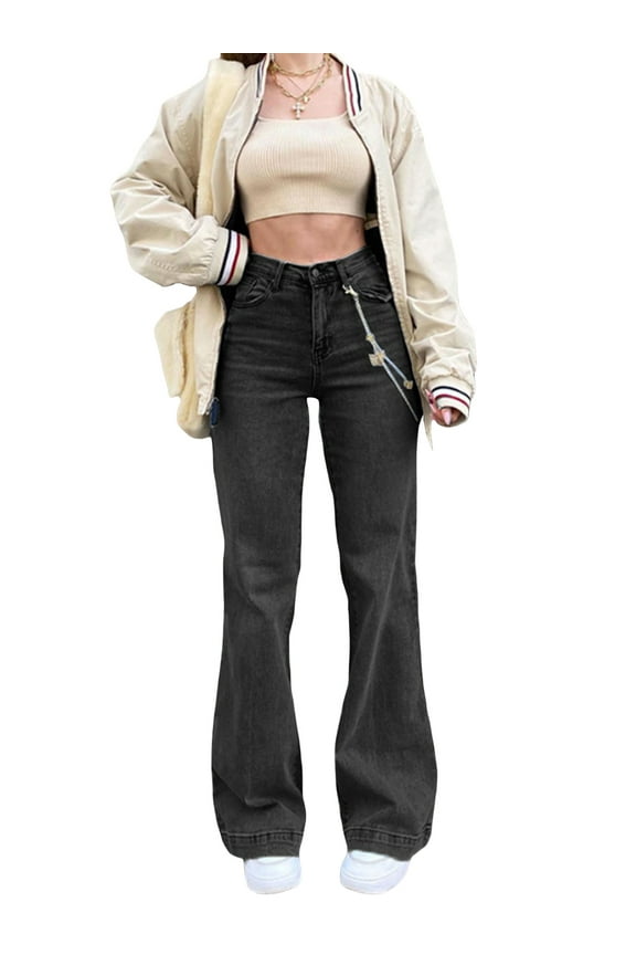 Womens Juniors High Waist Baggy Flare Jeans Casual Straight Wide Leg Fashion Boyfriend Streetwear Denim Pants Fahion Streetwear